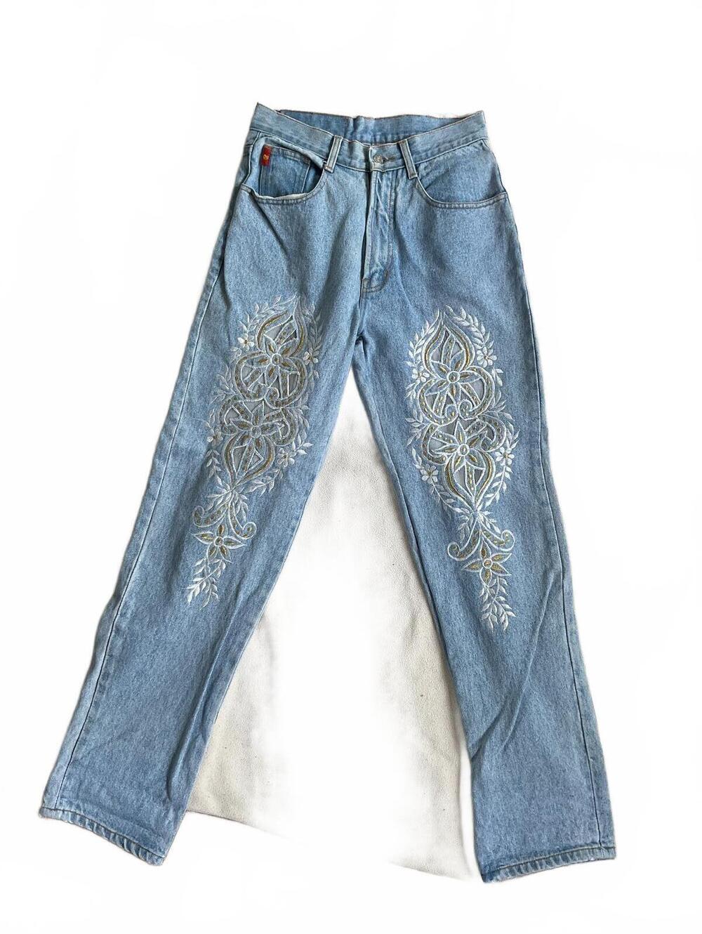 Rare Vintage Blush-On Blue High-Rise Baroque Embroidered Jeans 27 waist